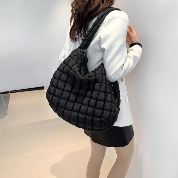 Quilted Puffer Tote Bag Nylon Large Capacity Travel Gym Shoulder Bag - Picture 6 of 7